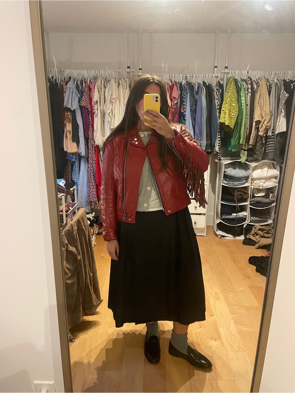 Vintage Red Leather Fringe Moto Jacket